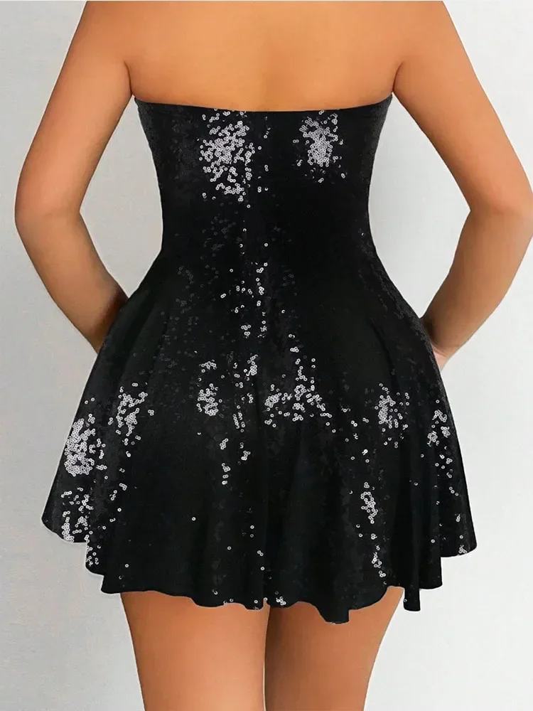 Sexy preto glitter lantejoulas vestido de aniversário para mulheres night club sem mangas sem costas sem alças magro a linha vestidos curtos