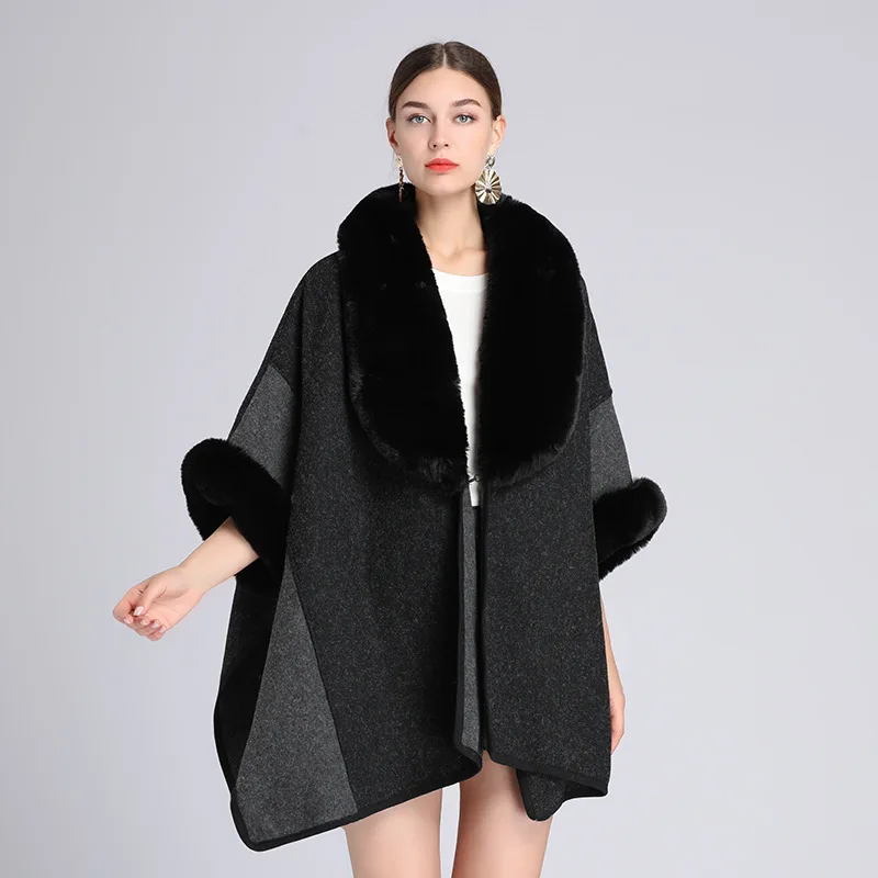 

9 Colors Big Faux Fur Collar Cloak Women Batwing Sleeves Overcoat Long Knitted Shawl Cape Contrast Color Loose Woolen Cloak