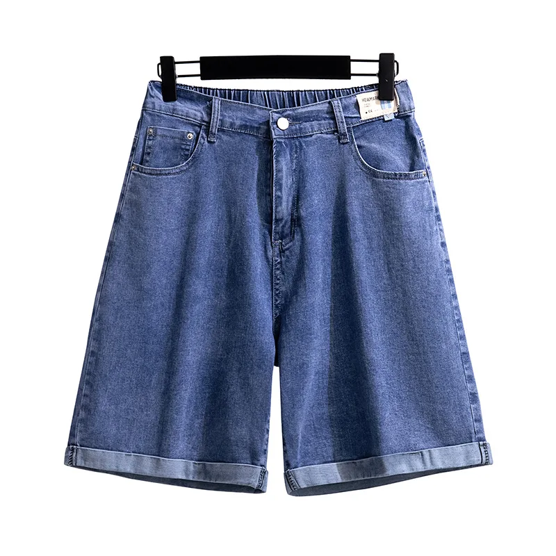 150kg plus tamanho feminino de cinco pontos denim shorts hip 150 verão de cintura alta solta calças largas perna azul preto 5xl 6xl 7xl 8xl 9xl