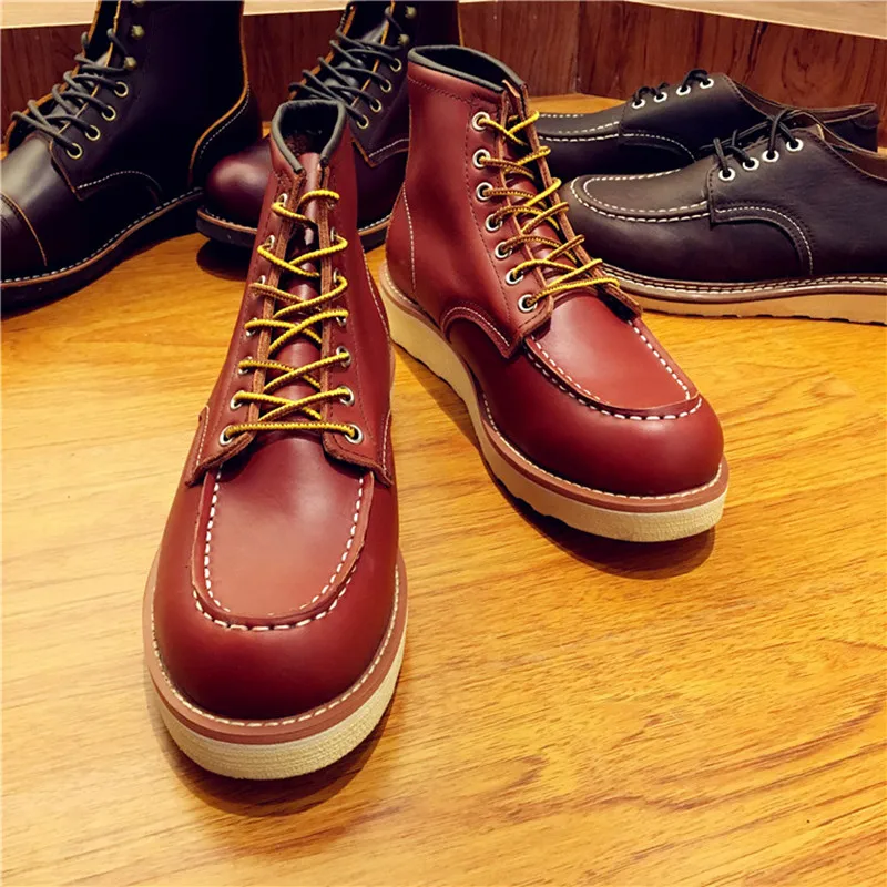 Handmade High Quality Fashion Genuine Leather Men Red Ankle Boots Outdoor Wing Motorcycle Boots Lace-up Work Wedding Boots