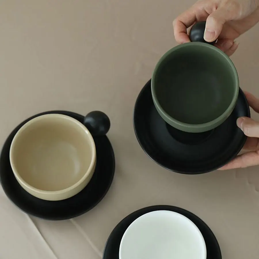 Nordic Contrasting Coffee Cup Plate Set Creative Handle Mugs Retro Matte Ceramic Drinkware Exquisite Afternoon Tea Gift Suit view 4