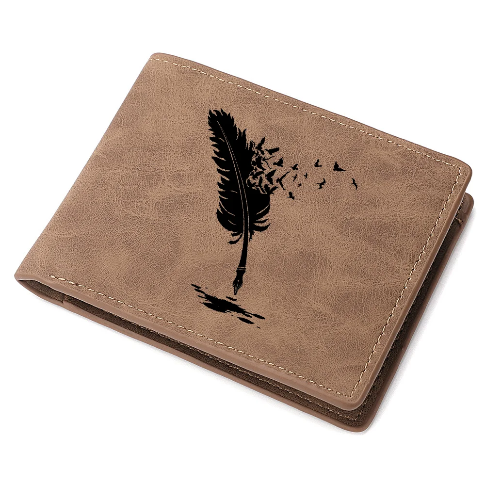 محفظة رجالية جديدة بنمط ريش الملاك الأسود الفاخر مع فتحات بطاقات متعددة وجيب للعملات المعدنية وسحاب محفظة صلبة للرجال