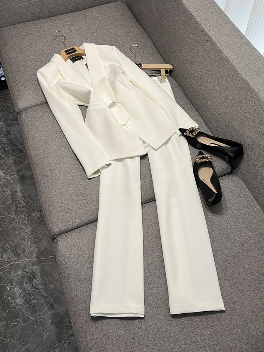 

White Sequin Wide Leg Pants Suit Women's Faionable Two-Piece Set Host or Ele Profional orm Chinese Brand