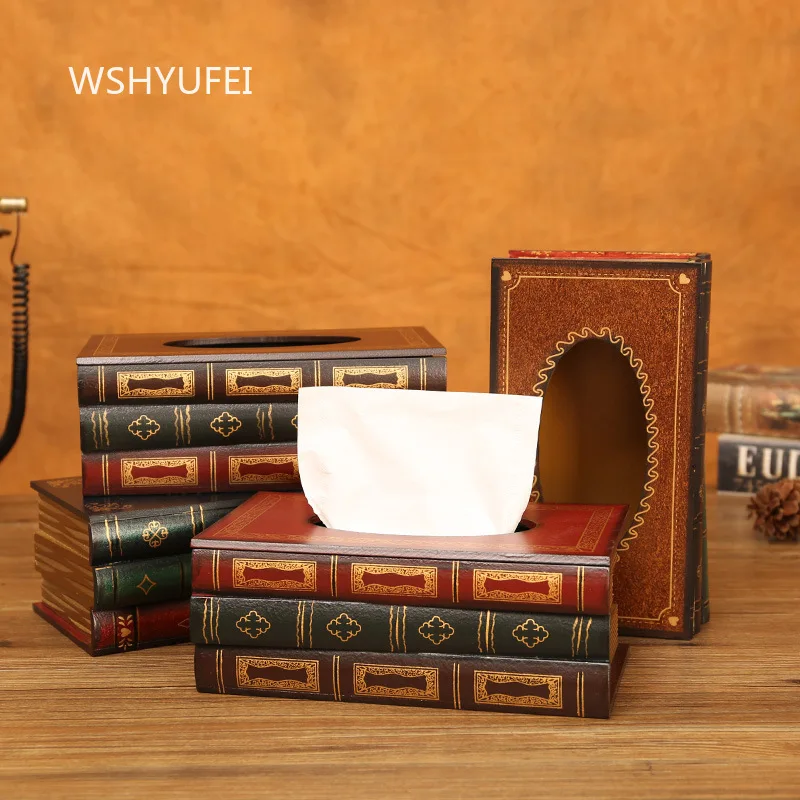 Book Tissue Box Wooden Cardboard Box Simulation Hand Drawn Book Large Capacity Napkin Paper Box Home Decoration Desktop Ornament