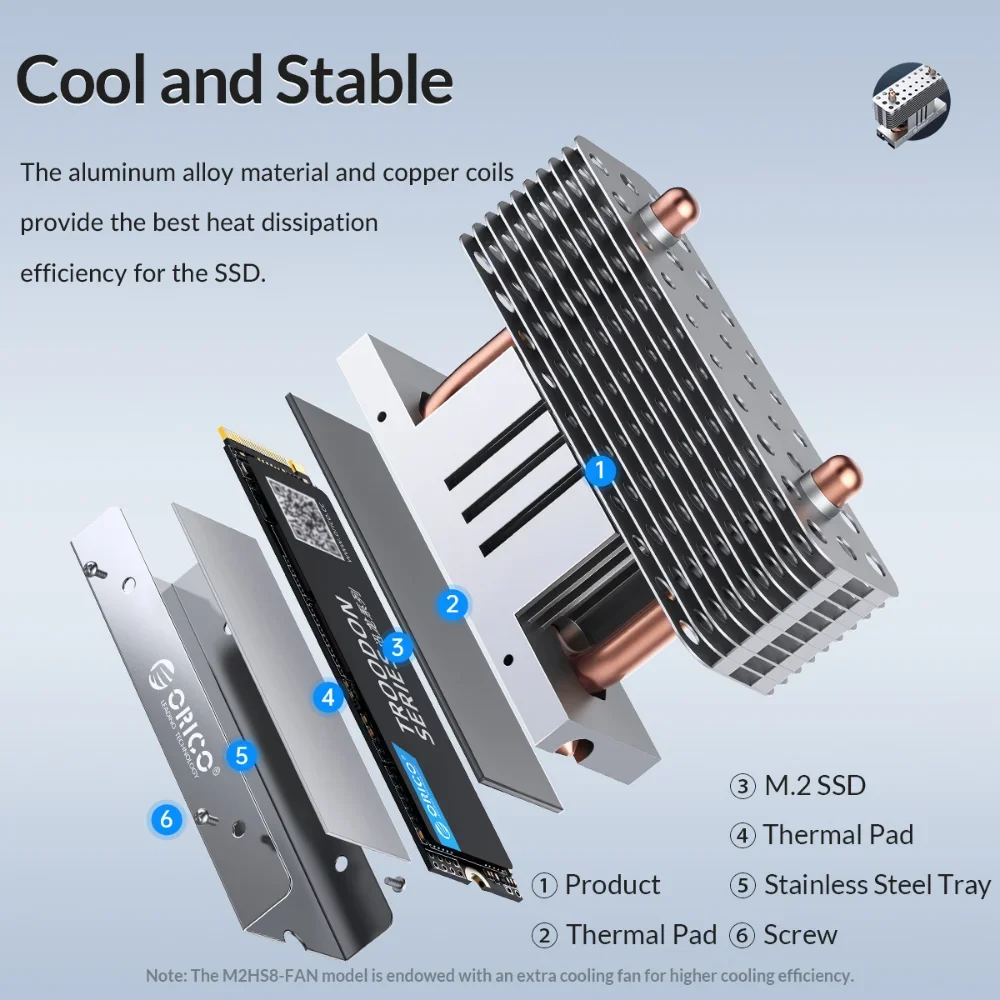 ORICO Strong Heat Dissipation M.2 SSD 2280 Heatsink Aluminum Cooling Copper Heat Pipe Silicon Therma Pads with Cooling Fan