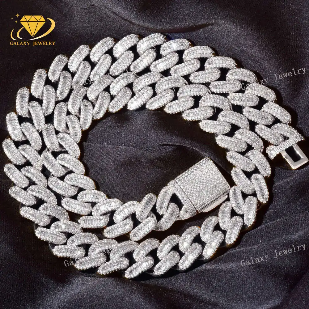 

Hiphop Necklaces 40mm Width Baguette Cuban Link Chain Prong Large Necklace Bracelet Moissanite Cuban Chain Rapper Men Jewelry