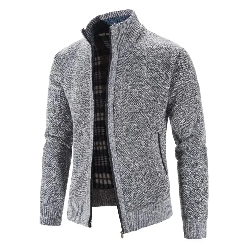 Solid Color Stand Collar Zipper Sweater Autumn Winter Fleece Jersey Men's Casual Sports Coat Grab Fleece Warm Zipper Cardigan