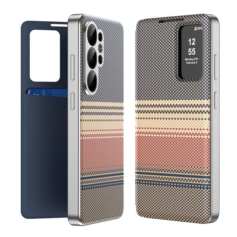 

Carbon Fiber Texture PU Leather Card Pocke Case For Samsung Galaxy S23 S24 S25 S26 Ultra Plus Flip Smart Display Window Cover ﻿