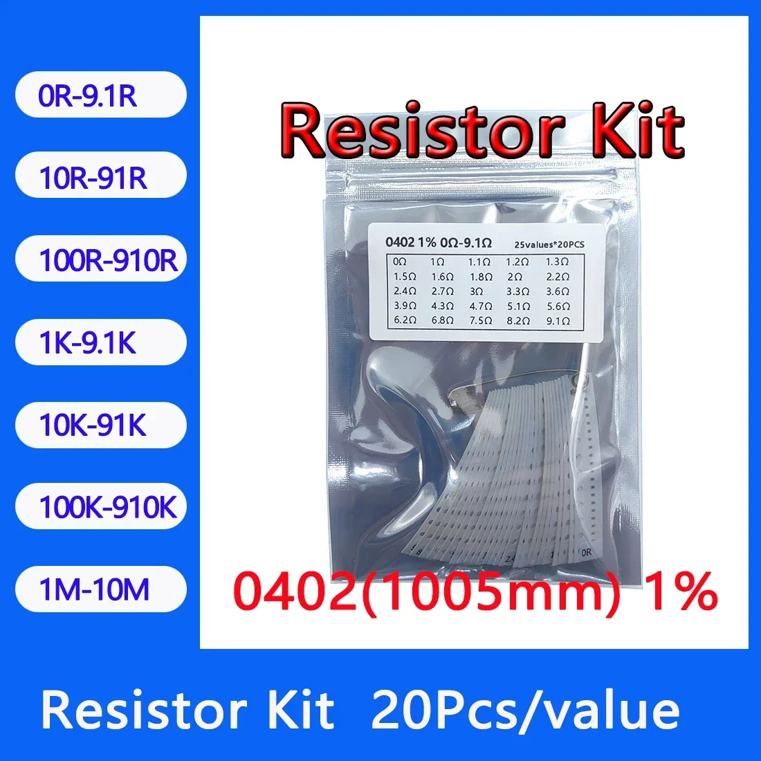 Resistor kit 0402 1005mm smd Resistor package 24values*20PCS=480PCS 1% Sample Kit Resisor