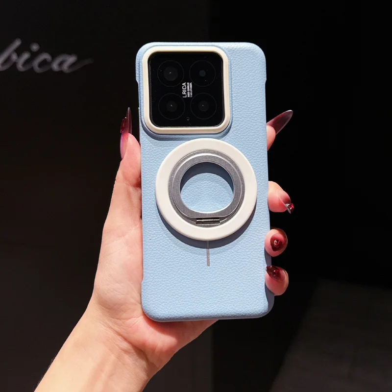 

Magsafe Magnetic 360 ° Rotat Bracket Ring Solid Color Leather Not Border Phone Case For Xiaomi 14 15 Ultra Pro Bumper Back Cover