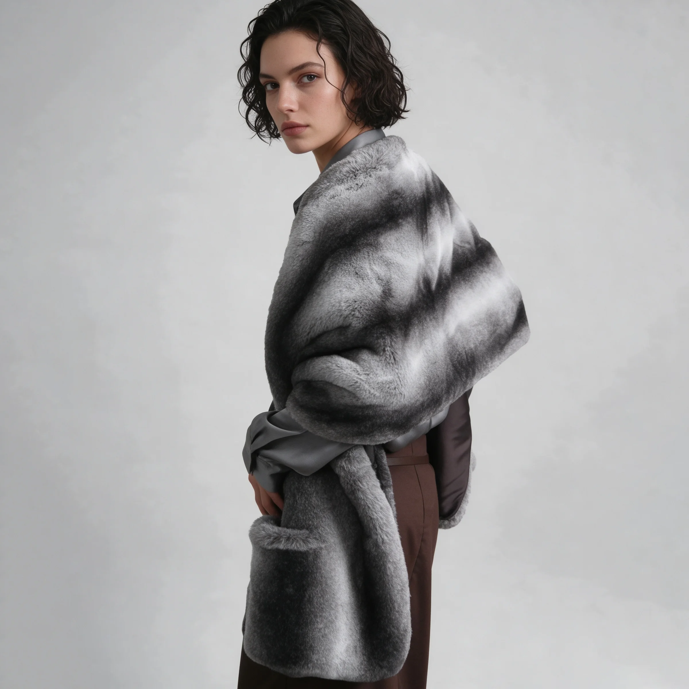 Women Grey Black Gradient Faux Fur Shawl Cape with Side Pockets, Winter Warm Elegant Bridal Evening Commuter Layering Outerwear
