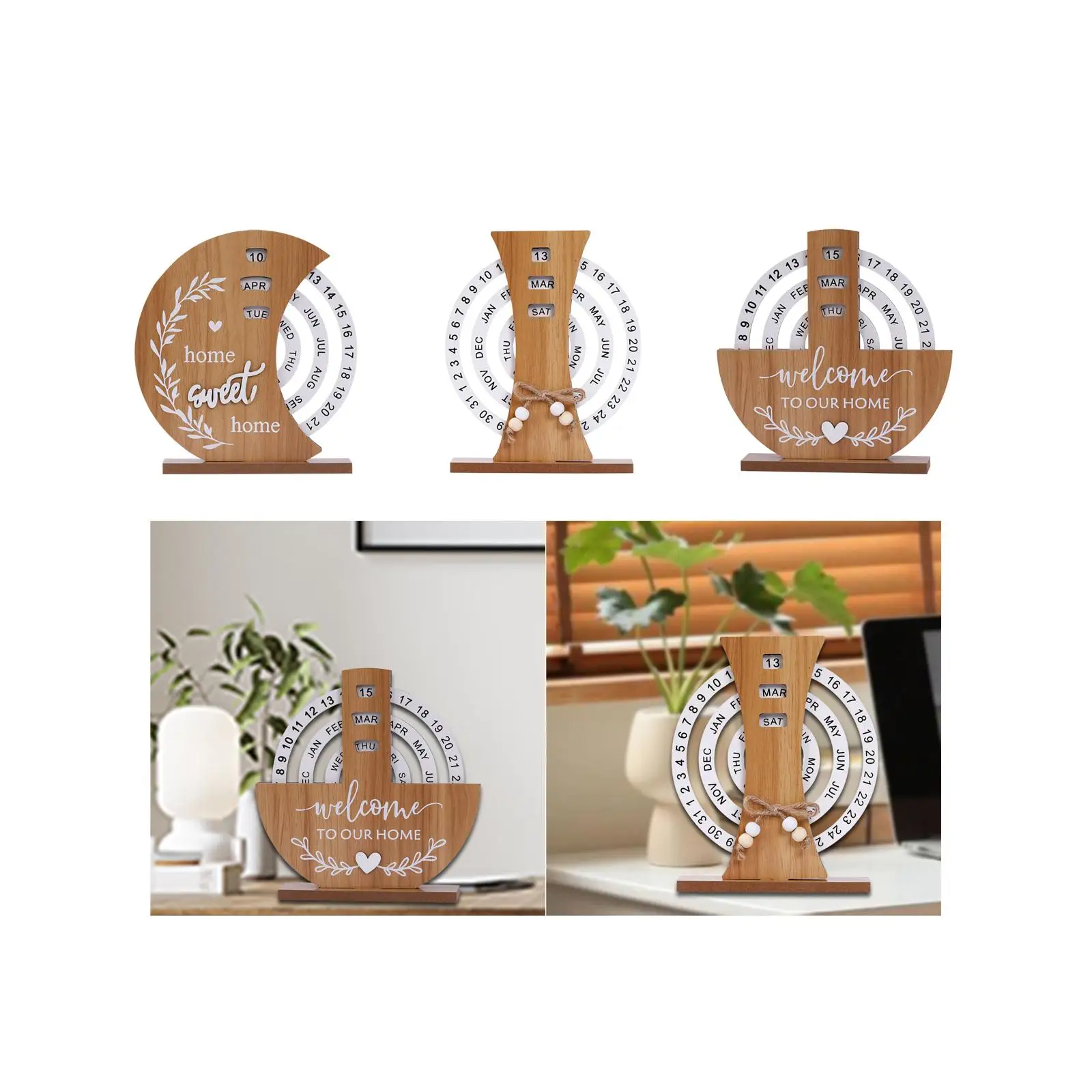 Wooden Perpetual Calendar Craft Art Ornament Rotatable Easy Assembly Desk Calendar for Gift Living Room Bookshelf Office Home