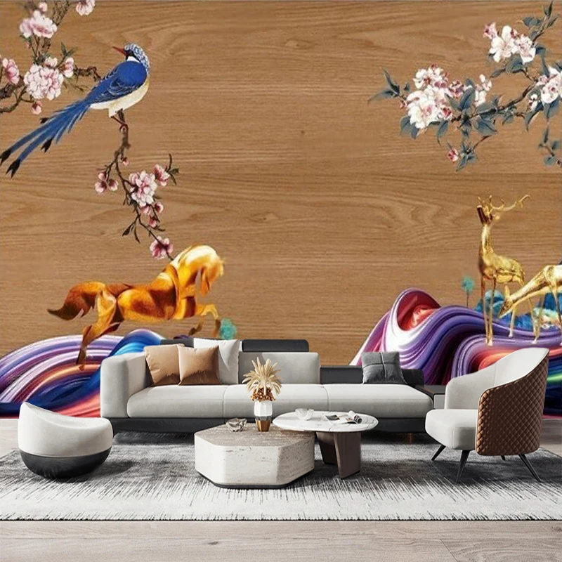 New Chinese-Style Oil Painting Of A Flying Crane And Birds On A Wooden Board With Flowers As The TV Sofa Background Wall
