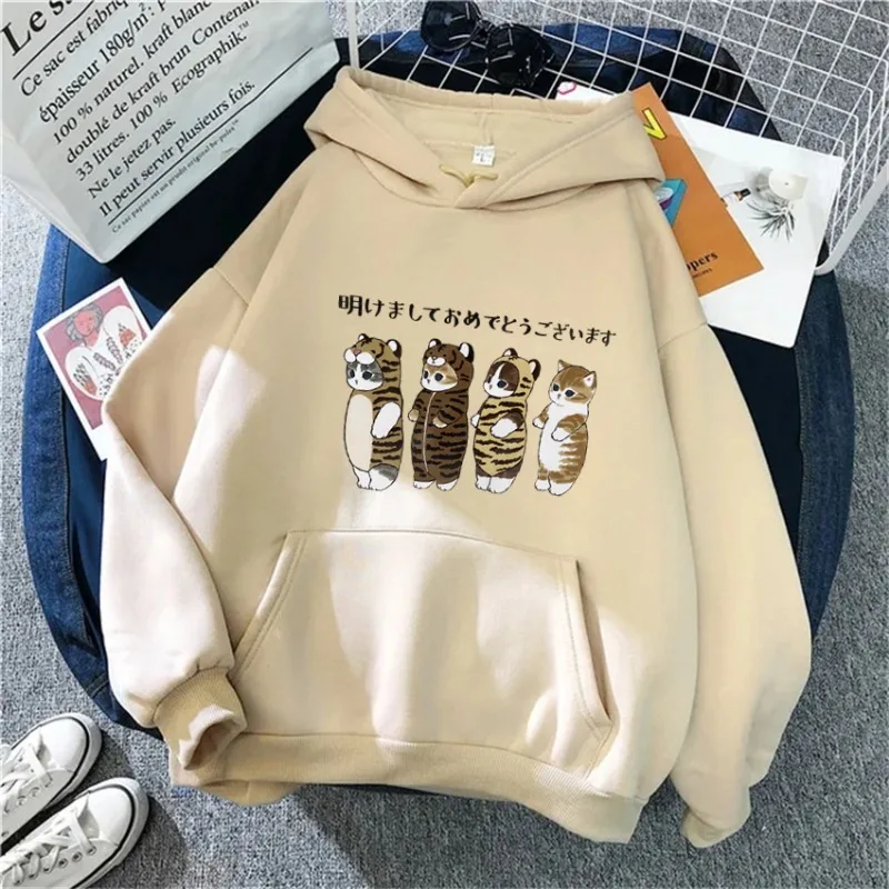 Autumn Cartoon Cat Printed Cotton Women\'s Hoodie Cute Casual Pullover Long Sleeved Clothes Couple Plus Size Street Wear