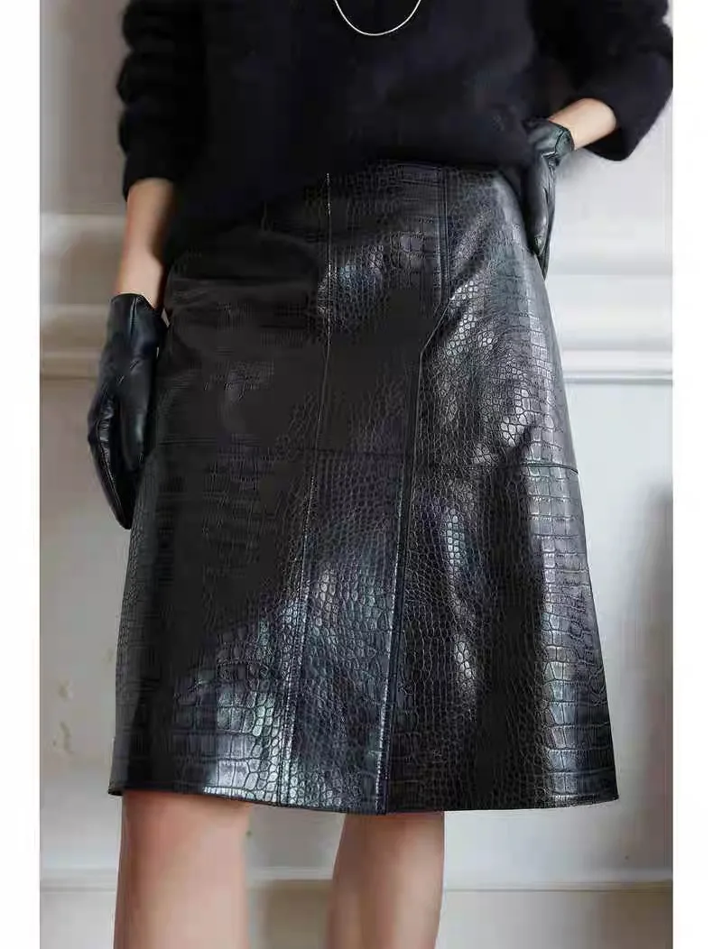 

Ins New Sle eepskin Real Leather Skirt High Waist Slimming H-ape f Body Skirt Casual Patchwork A-Line Skirt