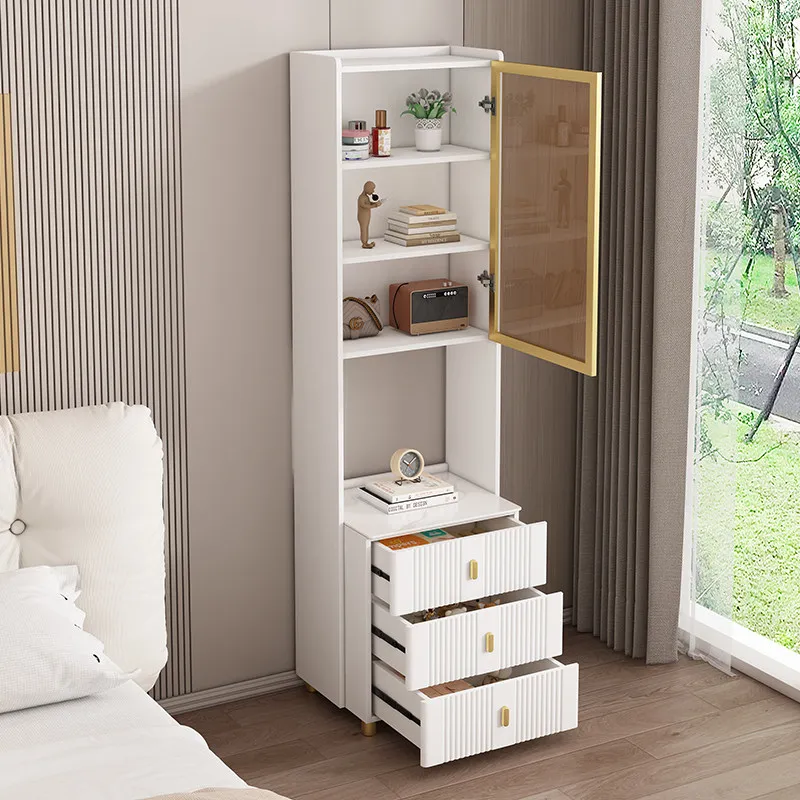 Solid wood bedside table integrated bookshelf high cabinet light luxury cream style bedroom household small apartment living roo