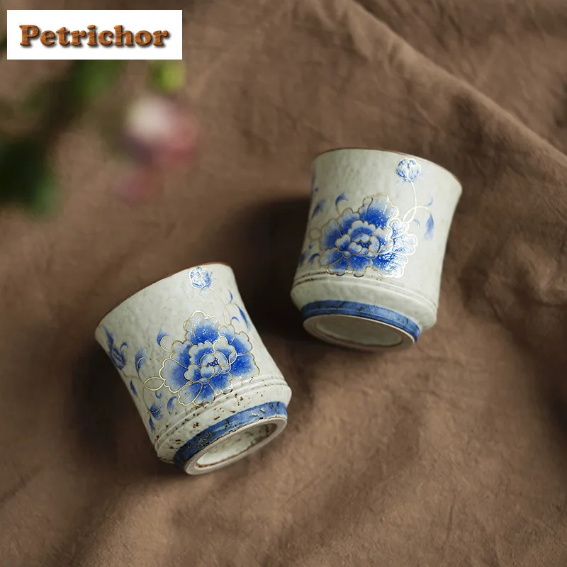 

2 шт./лот, контурная чашка золотого и синего пиона, чайная чашка дзен, чайная чаша, набор чайных чашек, чашка для дегустации запаха, чашки Jianzhan Master, чайная посуда, 100 мл