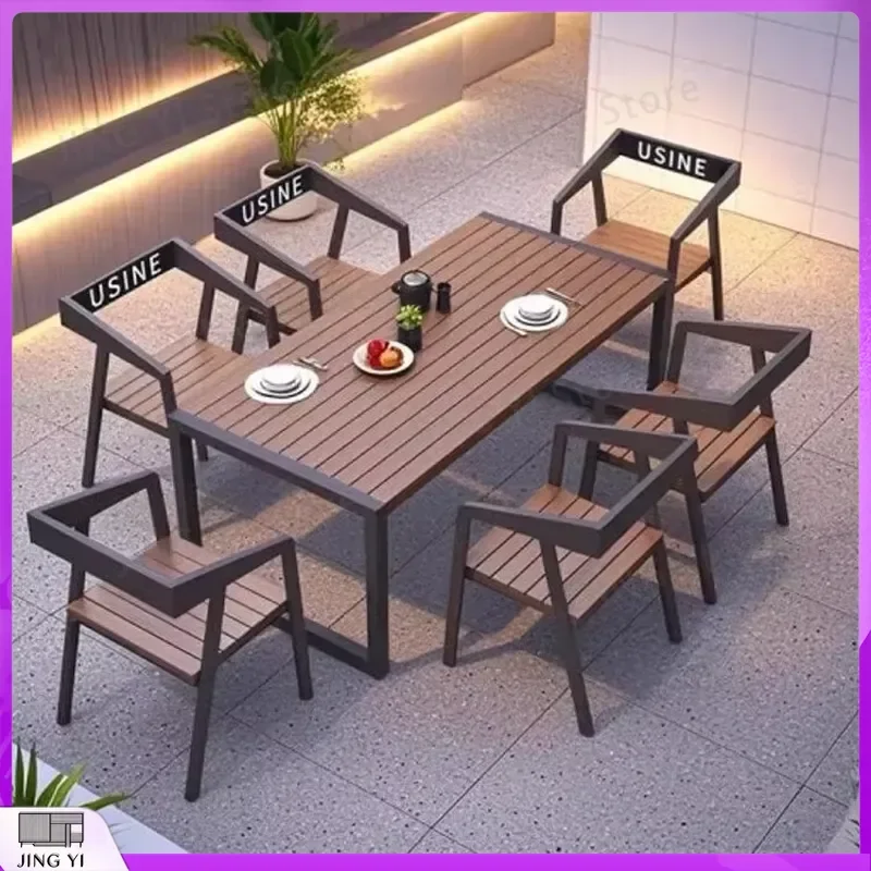 

Extendable Outdoor Dining Table and Chairs Set Garden Patio Furniture with Wooden Top Durable Weatherproof Aluminum Frame for