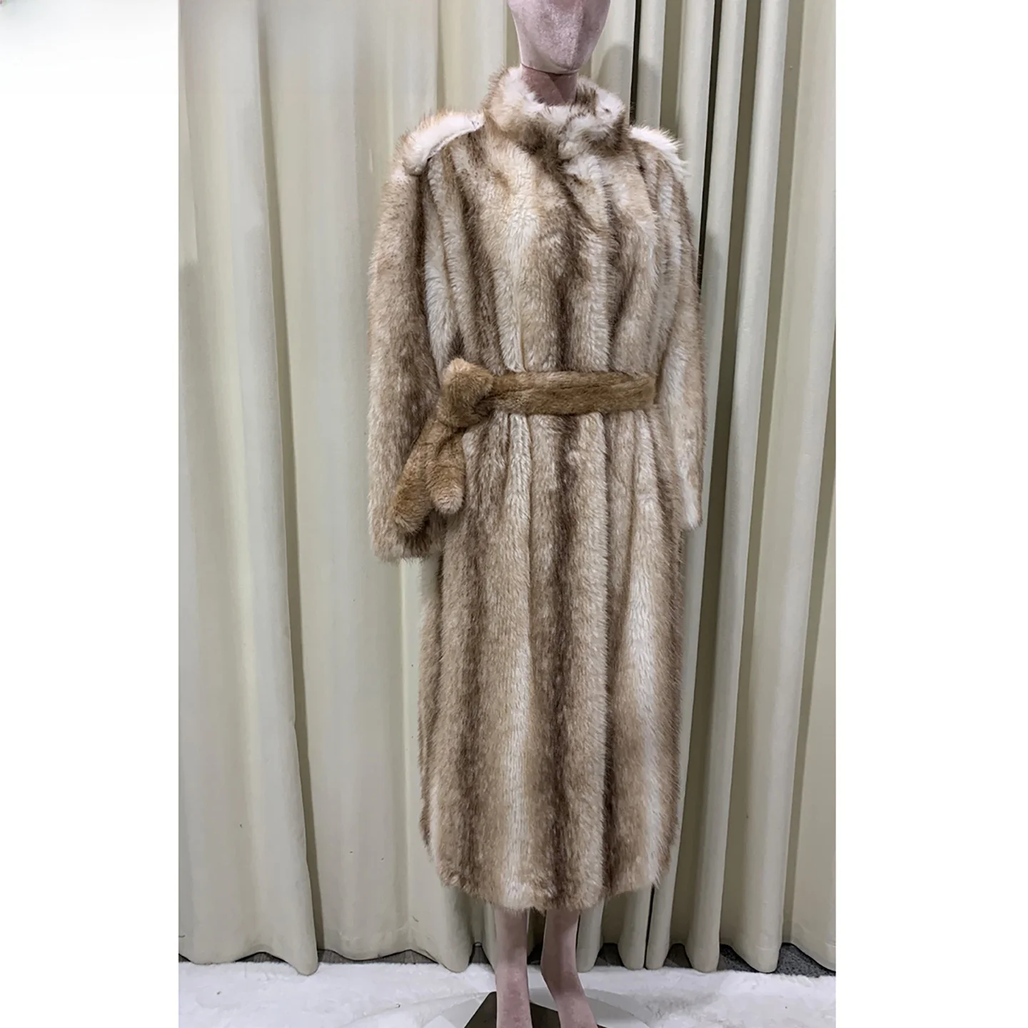 Nerazzurri Women's Long Loose Fashion Striped Faux Fur Coat Elegant Style Thickened Polyester  Stand Collar Sleeve