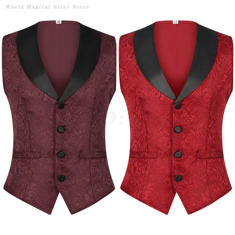 

Medieval Gothic Waistcoat Men's Vintage Steampunk Vest Jacquard Single Breasted Mens Vests Male Wedding Party Gown Dress Up Tops