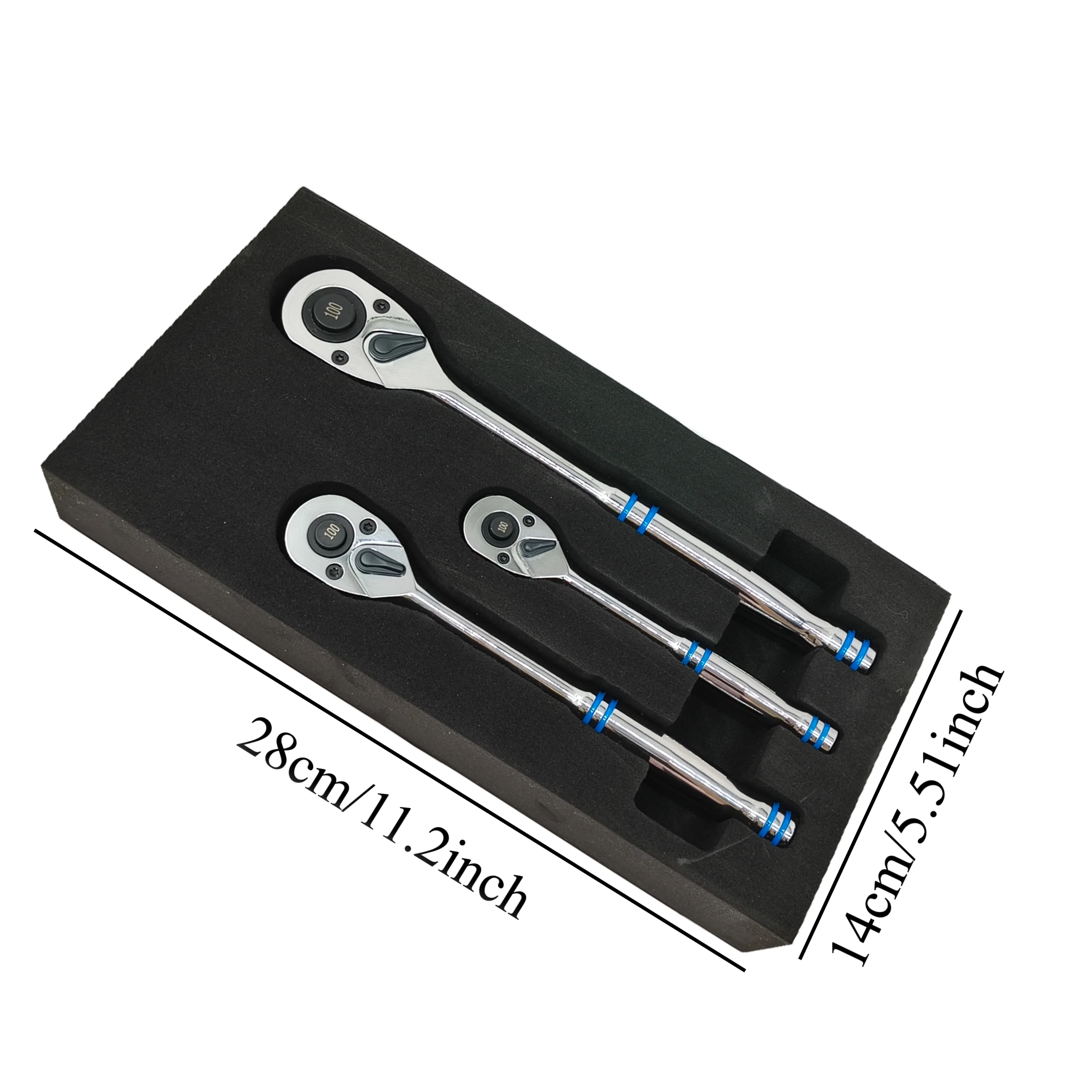 100-Tooth Quick-Release Ratchet-Wrench Set, 1/4-Inch-, 3/8-Inch-, and 1/2-Inch-Drive Ratchets, 3.6-Degree Swing, CrMo Steel, 3-P
