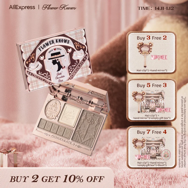 Flower Knows Chocolate Wonder-Shop Highlighter & Contour 4-color Makeup 3D Bronzer Matte Contour Powder