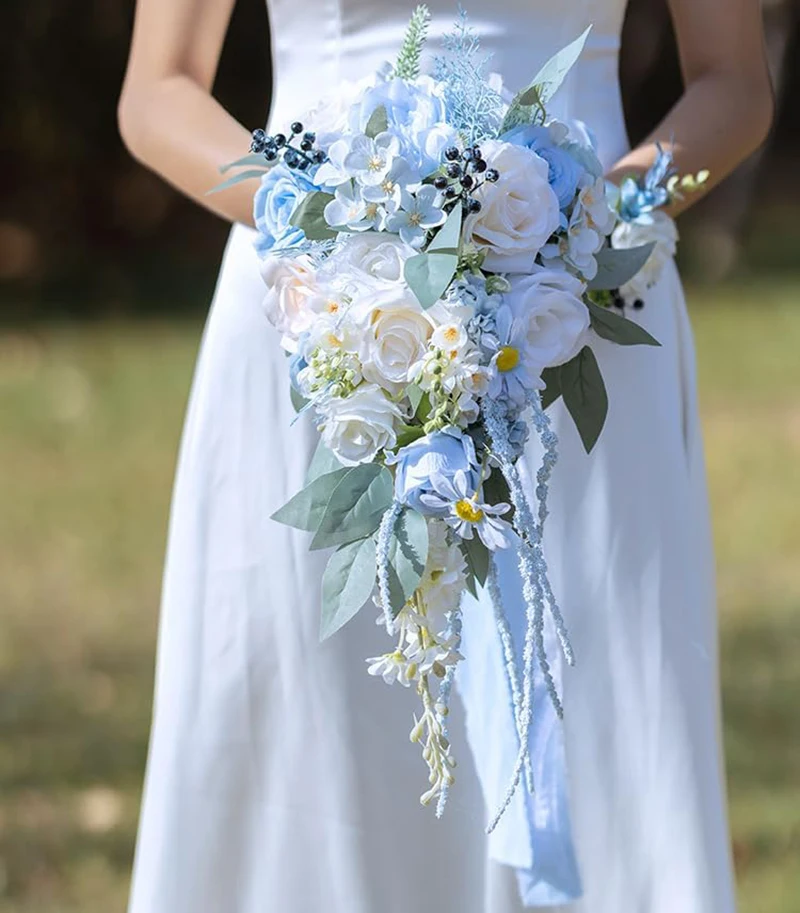 

YeeNanee Blue Casading Wedding Bouquets for Bride Handmade Silk Waterfall Bridal Bouquet for Rustic Wedding Ceremony Decoration