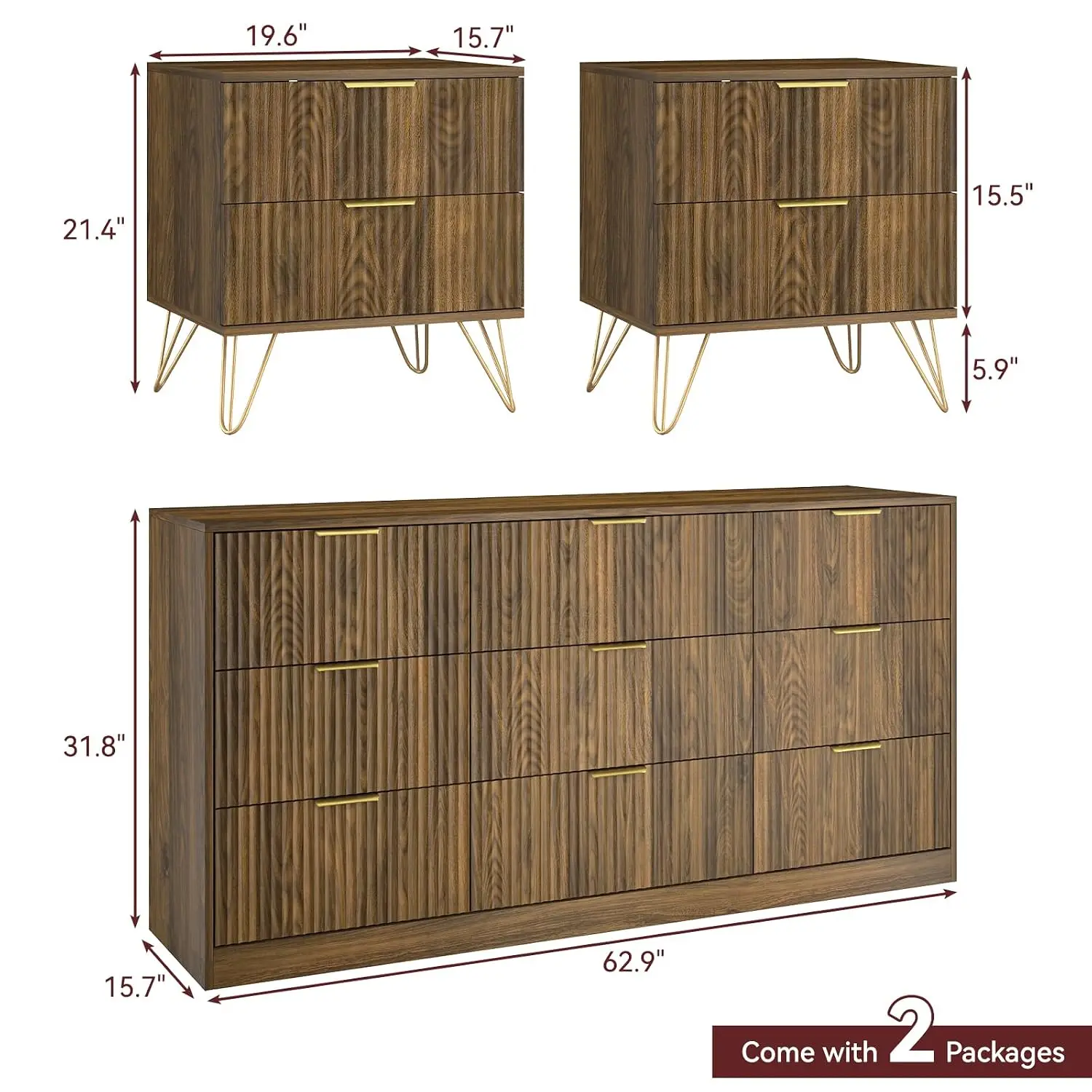 Walnut 9 Drawer Dresser & Nightstand Sets, 3 Pcs Bedroom Furniture With Gold Handles, Modern Wood Storage Cabinet, Customized