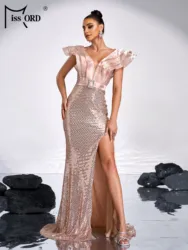 Missord V Neck Panel Sequin Evening Prom Brides Wedding Birthday Party Split Formal Occasion Chic Elegant Floor Length Dress