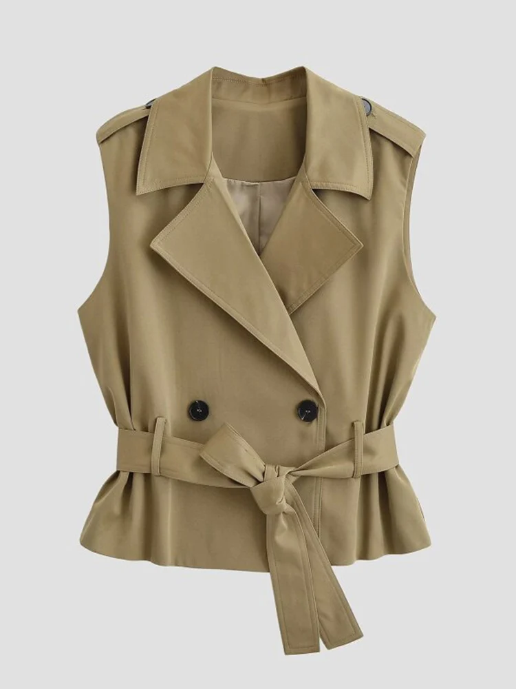 

Женские весенние жилеты и пальто 2026: Модные повседневные однотонные двубортные жилеты с поясом, элегантная уличная верхняя одежда для женщин