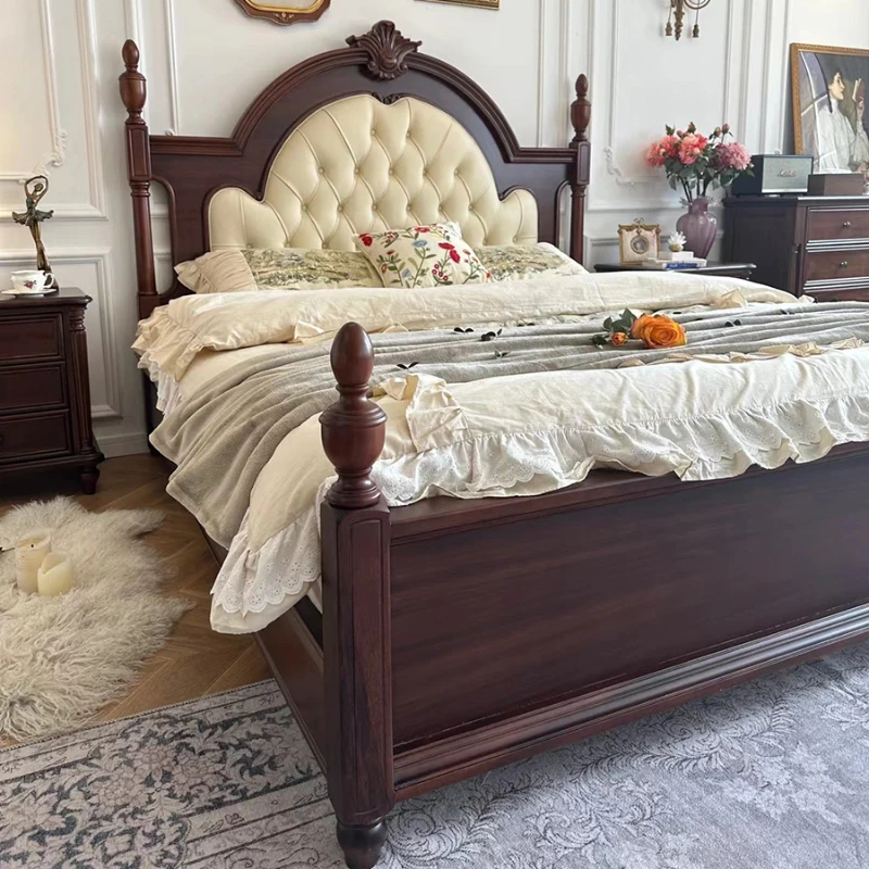 

American-style retro solid wood bed, French light luxury carved 1.8 meters master bedroom, double bed, leather pull-buckle bed