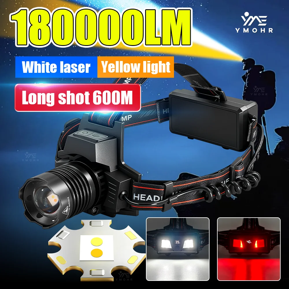 180000LM Hiking Headlamp Zoomable USB C Rechargeable Head Torch 18650 Battery Night Vision Camping Searching Fishing Headlight