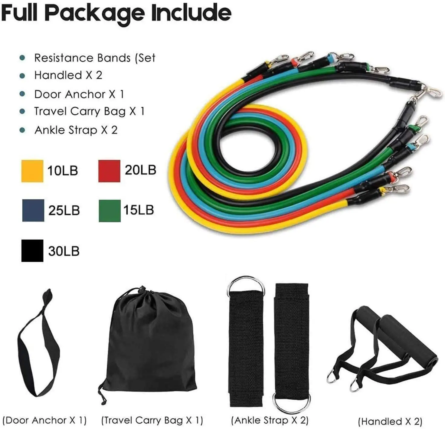 11pcs Multifunctional TPE Pull Rope Set,Including Sponge Handle, Elastic Fitness Rope, Ankle Strap, Door Anchor, And Handbag