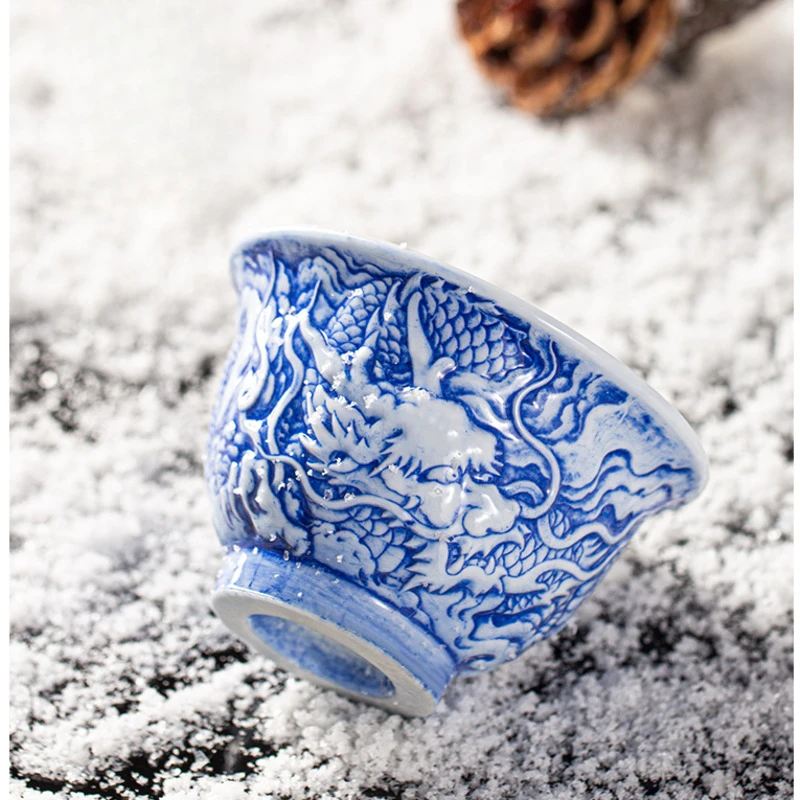 Jingdezhen-Blue and White Ceramics Tea Cup, Handcarved Craft Arts, Advanced Building Tea Mugs, Give for Friends Personal Gift