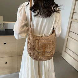 Summer Beach Woven Crossbody Bag Straw Weaving Shoulder Bag 2024 Raffia Zipper Handbag Boho Rattan Hand-Woven Travel Satchel Bag