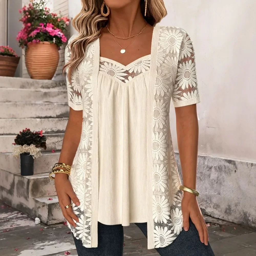 Women Floral Lace Mesh See Through Hollow Out Trim Top Y2K Sheer Mesh Layering Blouse Soft Breathable Flattering Daily