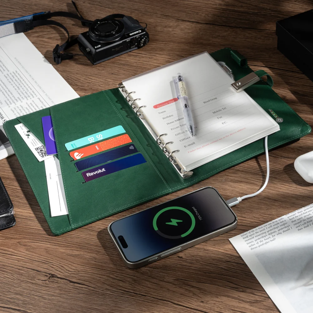 Кожаный блокнот А5 со встроенным блоком питания, беспроводной зарядкой и зарядным кабелем 3-в-1. Портативный журнал для бизнеса, путешествий