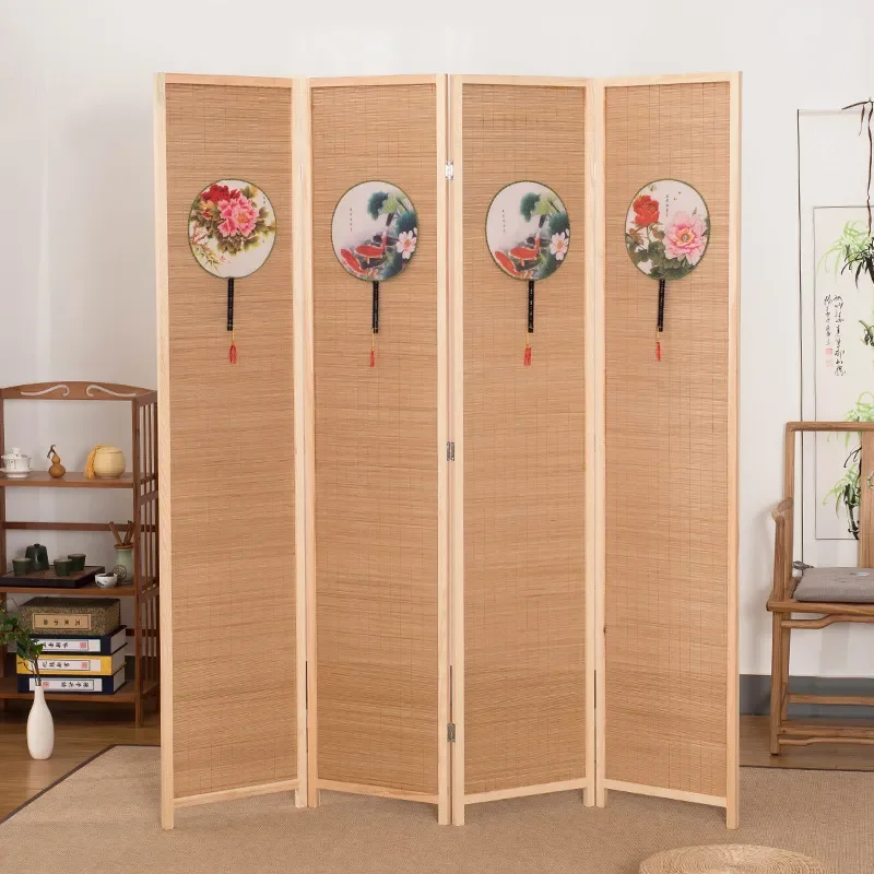 Chinese Screen Bamboo Partition Folding Screen Simple Modern Living Room Entrance Office Solid Wood Folding Cross Border