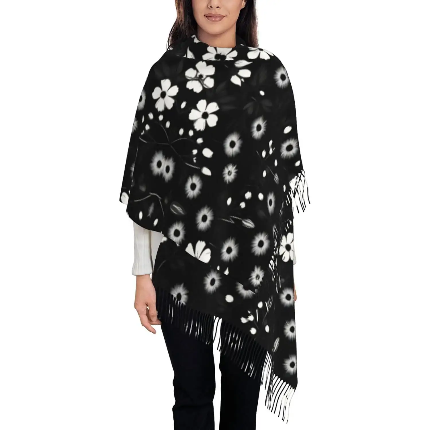 

Черно-белый шарф с кисточками и цветочным принтом для женщин и мужчин, мягкий шарф, шаль на зиму, модный легкий шарф, шаль