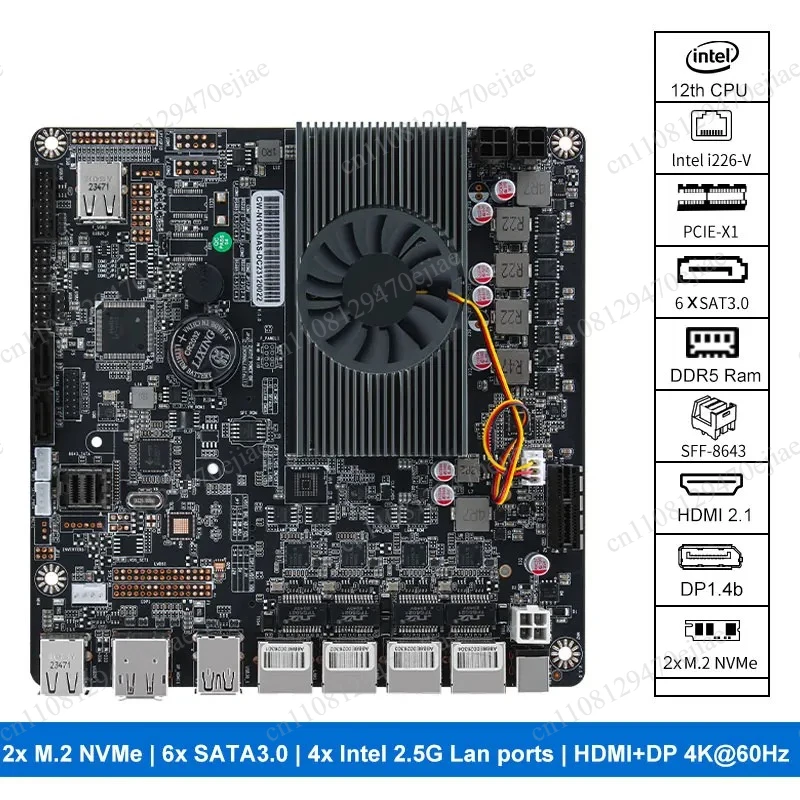 N100 Mini ITX NAS Motherboard DDR5, Quad i226-V 2.5G LAN, 6 SATA 3.0 & Dual M.2 NVMe, PCIe x1 Type-C