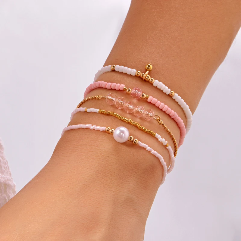 Trendy Versatile Crystal Rice Beads Bracelet Set Curved Tube Beads Woven Rice Bead Combination Hand Jewelry For Women
