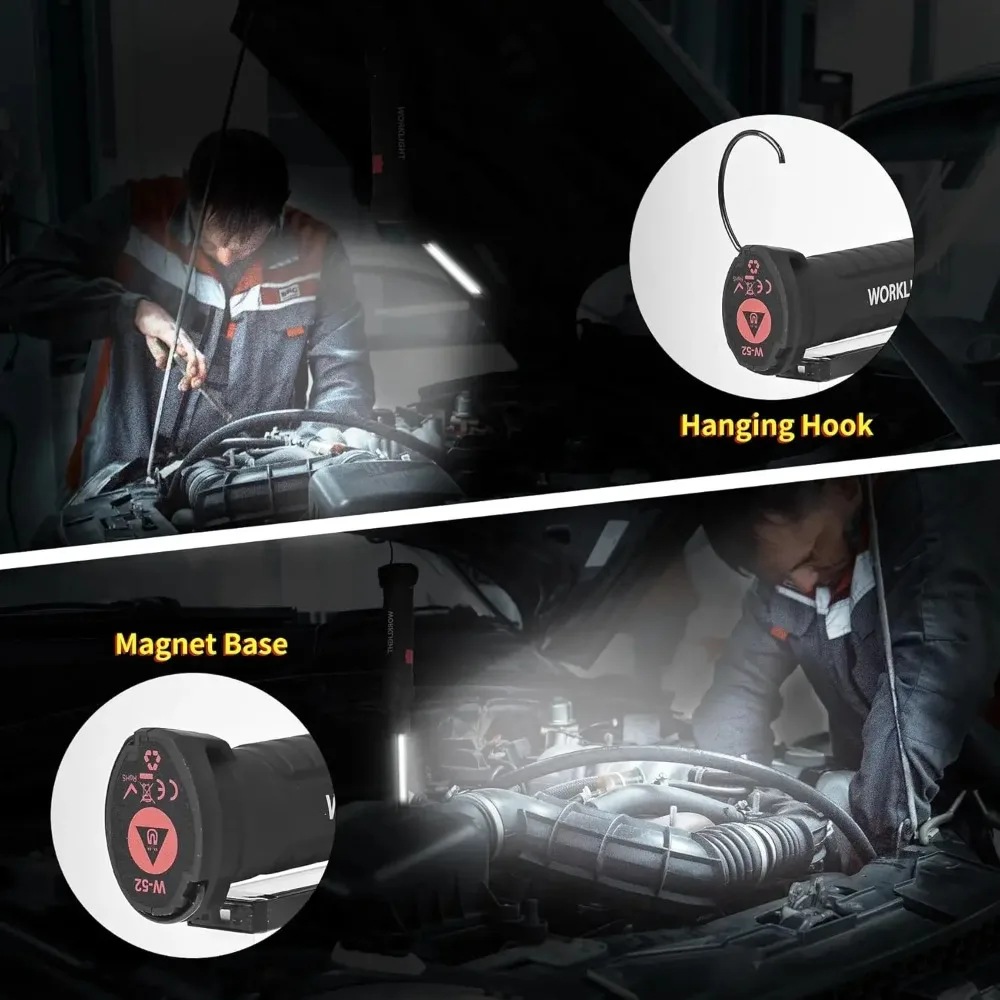 Lanterna de Trabalho Multifuncional Rotativa, Lanterna Recarregável USB com Ímã/Gancho, Ideal para Inspeção de Reparos Automotivos e Emergências