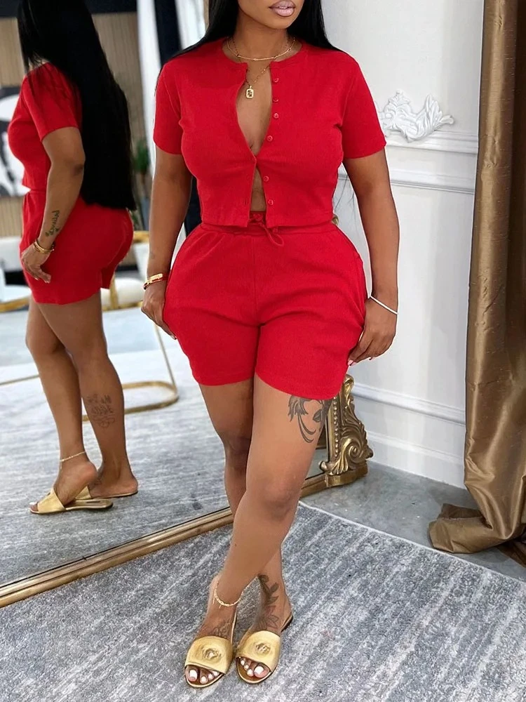 

Doyerl Solid Casual Short Sets Women 2 Piece Summer Outfit Single-breasted Short Sleeve Top and Shorts Matching Set Sportwear