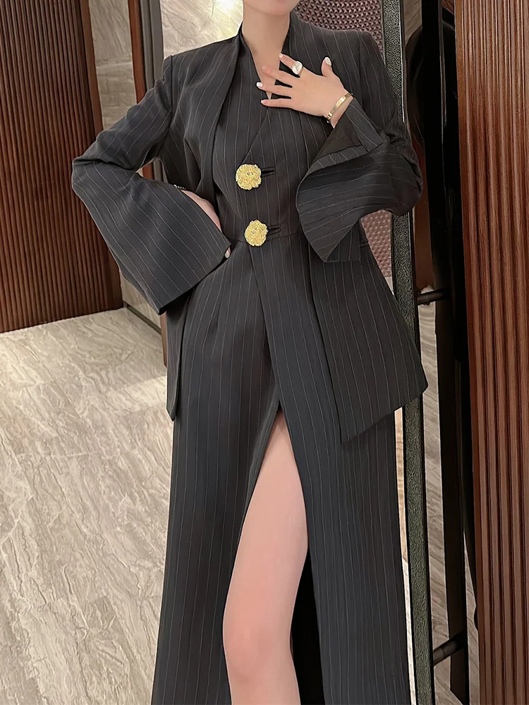 BZVW Women's 2 Pieces Sets Fashion Striped Suit Jacket V-neck Sleeveless Single Breasted Slit Dress Autumn 2024 New 5R5493