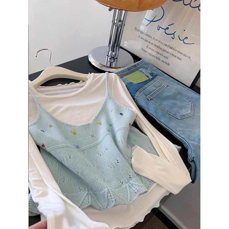 가을 패션 여성 트렌디 2025 신상 투피스 세트 니트 스웨터 롱 슬리브 레이어링 아우스피어 탑 프렌치 스타일 폴리에스터...