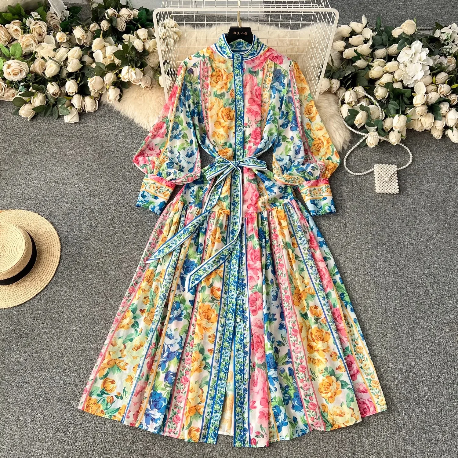 2024 primavera vacanza fiore vestito allentato supporto da donna manica lunga monopetto Lace Up stampa floreale abito in Chiffon Vestidos