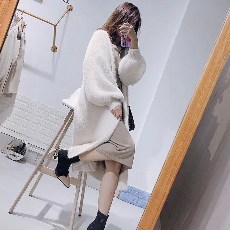 True ZHEN Autumn And Winter New Wool Korean Version Knitted Imitation Mink Fur Medium Long Sleeved Cardigan Jacket Sweater For