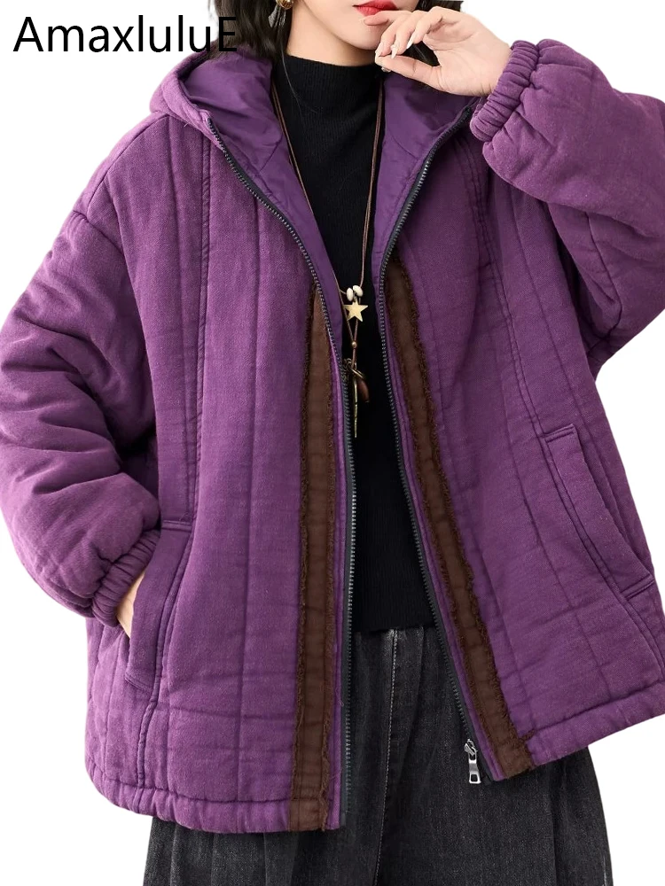 

Amax LuluE 2025 Korean Winter Warm Coats Women Fashion Loose Hooded Quilted Jackets Ladies Classic Casual Vintage Thicken Parkas