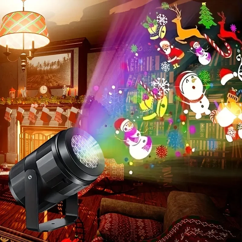 Christmas LED Projector Light RGB Color Changing Night Light w/Snowflakes,Santa Hats,Reindeer,Gifts,Auto-Rotating Holiday Decor