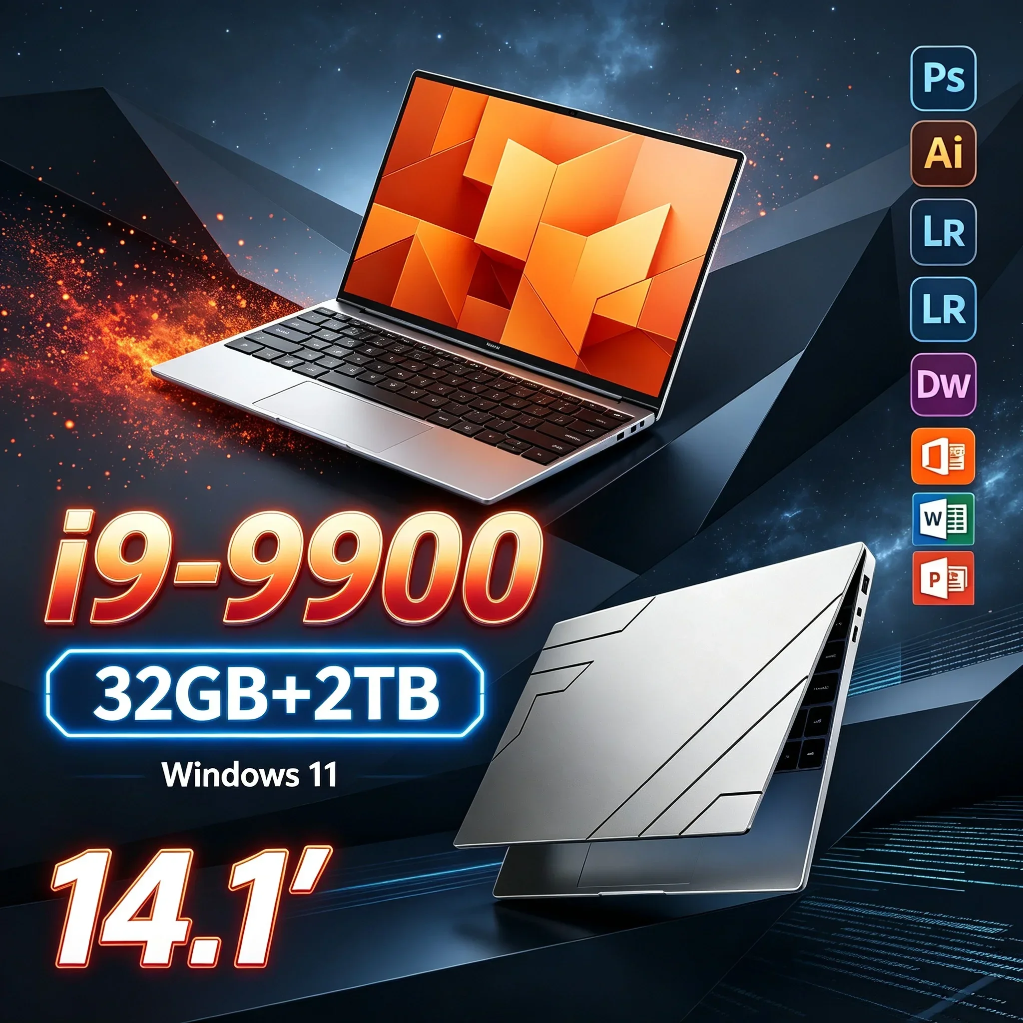 14.1'' Light Laptop Intel Core I9‑9900 32GB RAM 1TB‑2TB SSD Windows 11 Notebook For Student Online Class Office Daily Computing